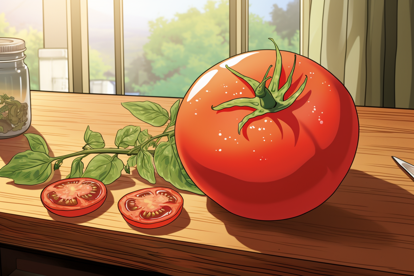 A tomato on a kitchen counter