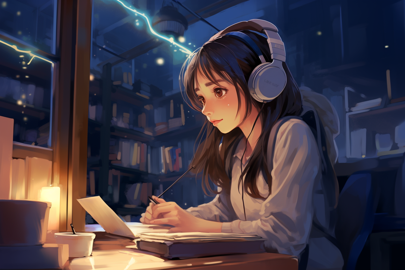 An illustration of a young woman studying